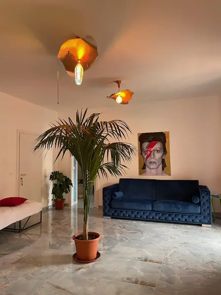 Soggiorno del bilocale Natura con divano letto e opera dedicata a David Bowie